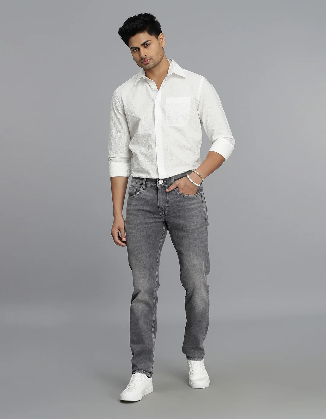 Grey 5 Pocket Mid-Rise Slim Straight Fit jeans - Image 5