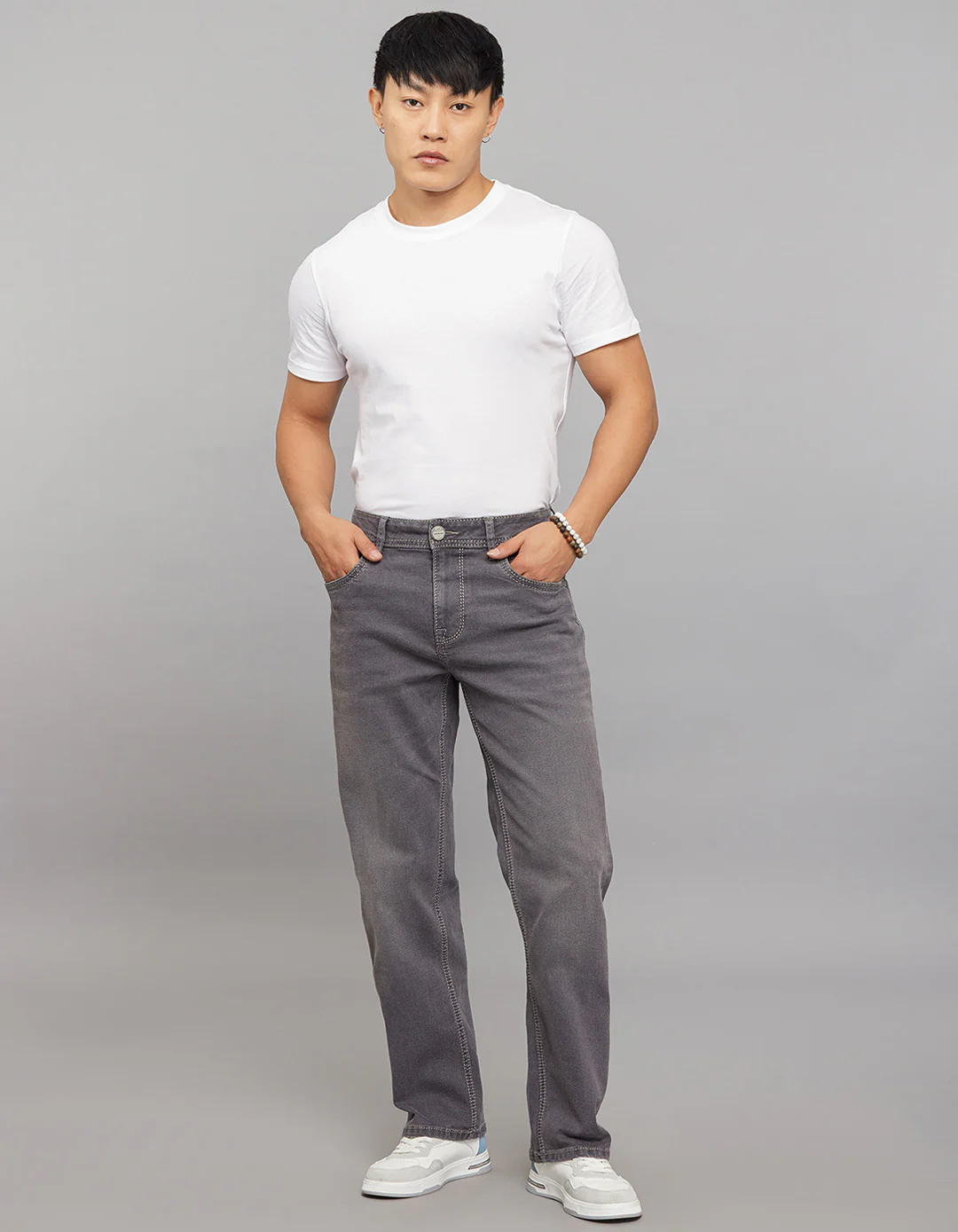 Grey 5 Pocket Midrise, Comfort And Straight Crop Length Stretch Jeans - Image 2
