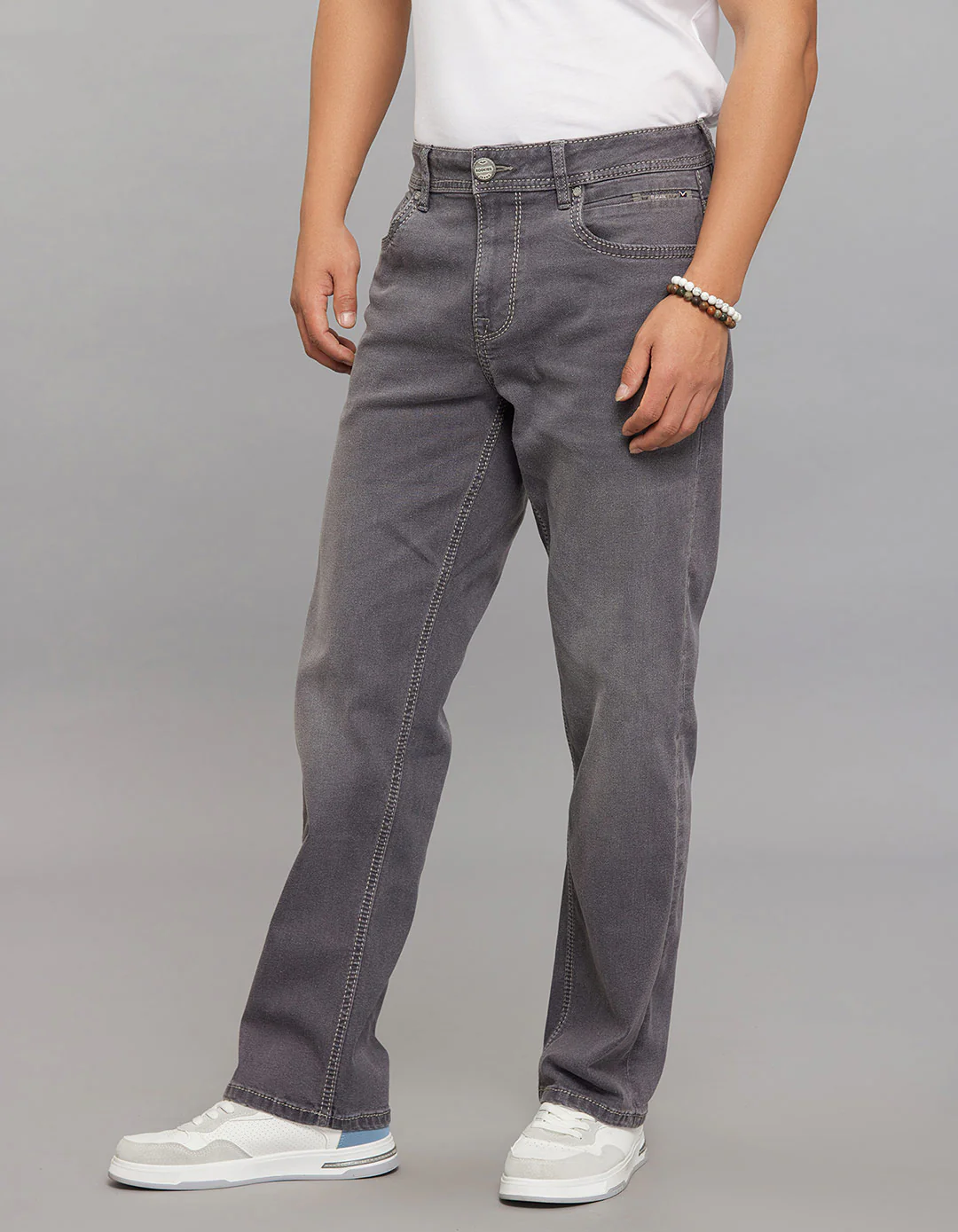 Grey 5 Pocket Midrise, Comfort And Straight Crop Length Stretch Jeans - Image 3