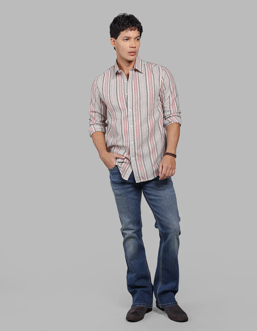 Grey Red Full Sleeve Stripe Shirt - Image 2