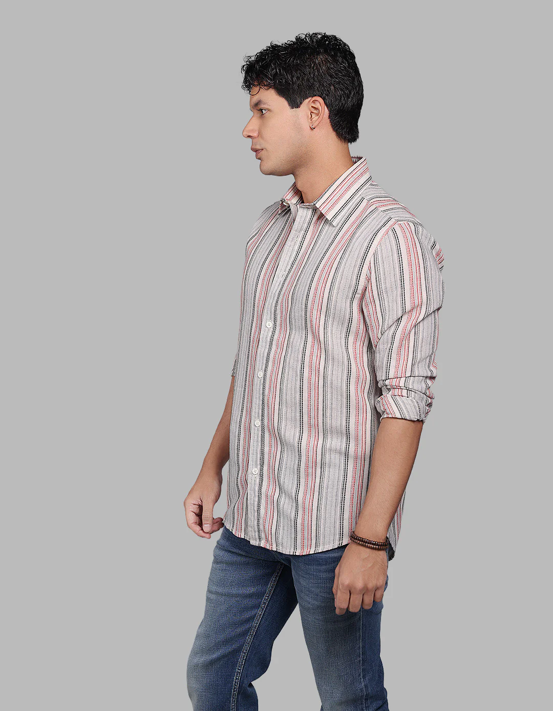 Grey Red Full Sleeve Stripe Shirt - Image 3