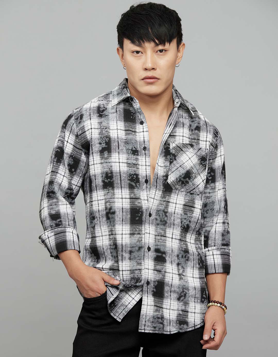 Grey White Full Sleeves Check Shirt