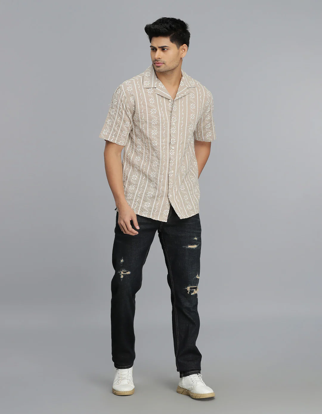 Ivory 100% Cotton Half Sleeves Textured Dobby Shirt - Image 2