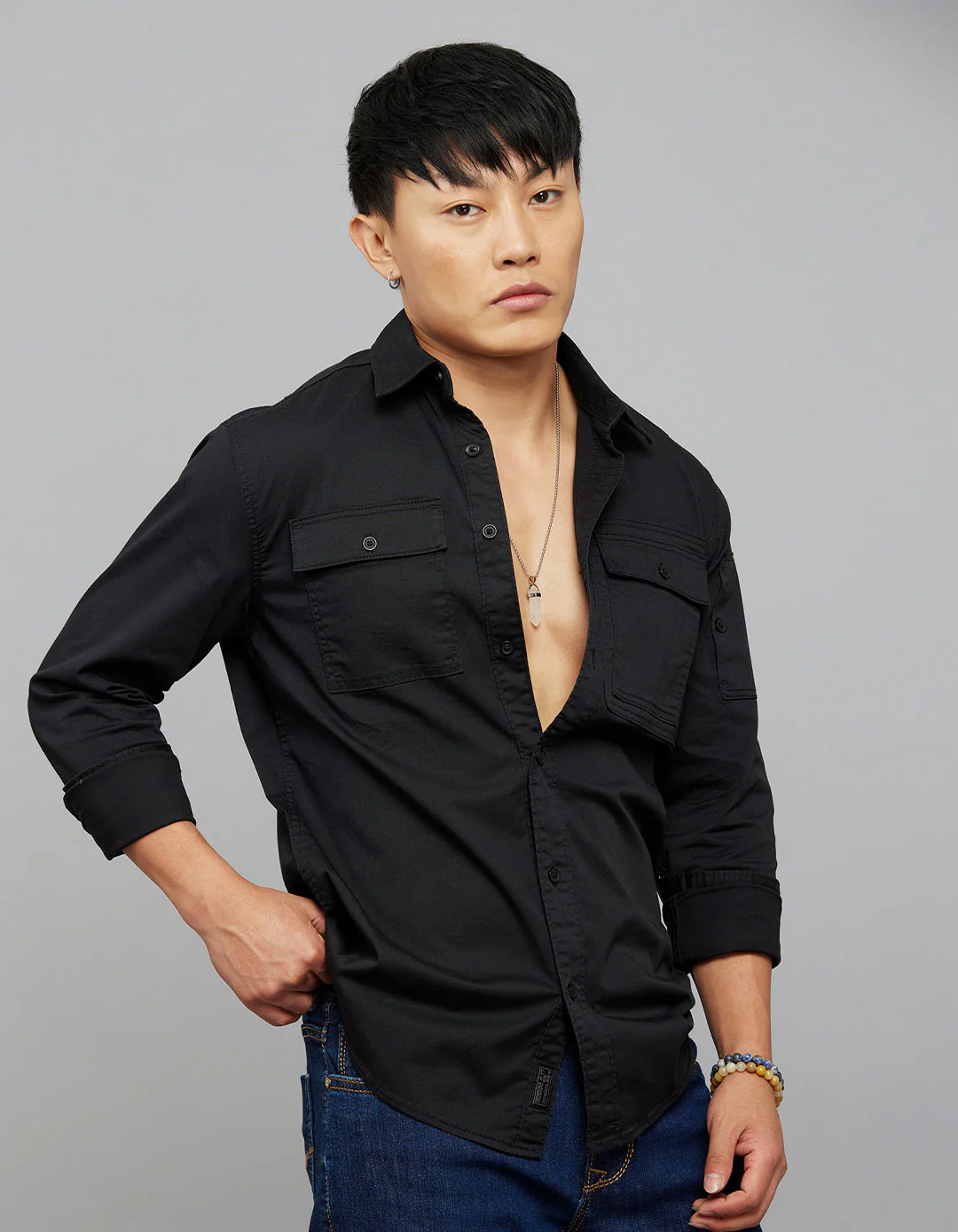 Jet Black Full Sleeves Cargo Shirt - Image 4