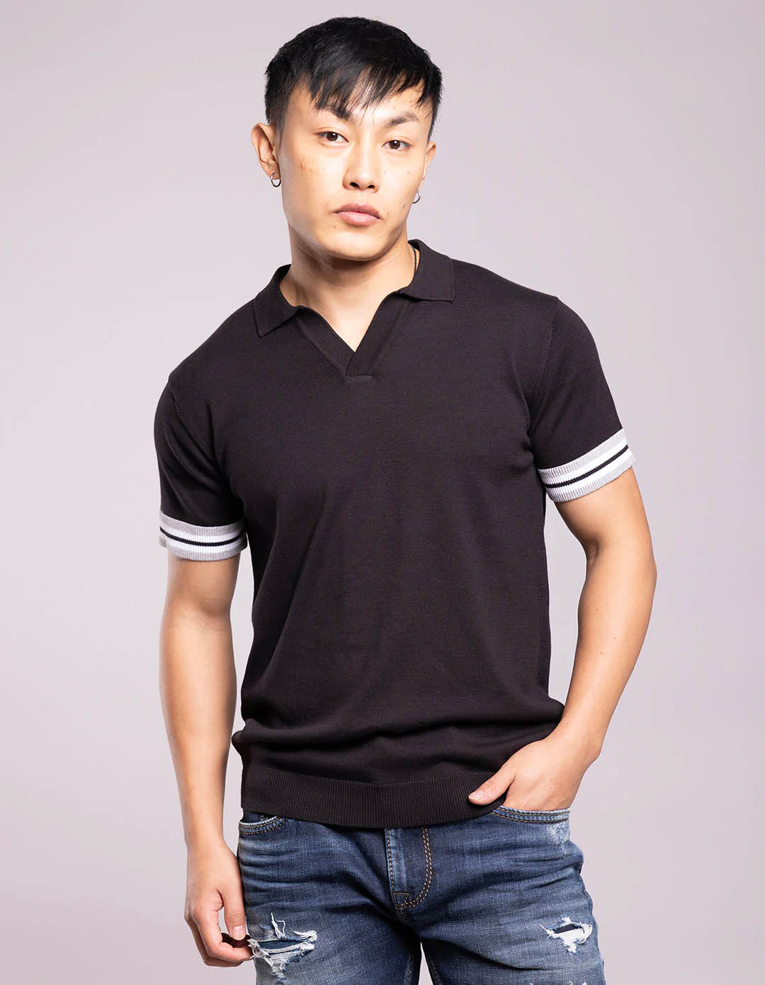 Jet Black Half Sleeves Flatknit Polo Tee