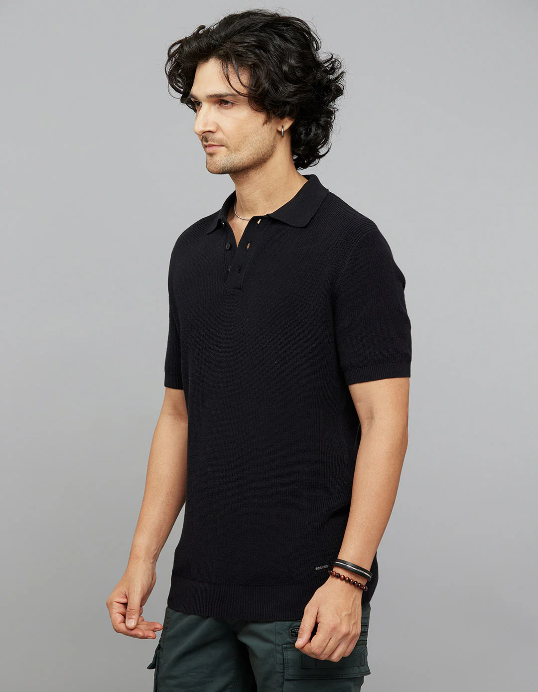Jet Black Polo Neck Half Sleeves Flatknit Half Button Front - Image 3