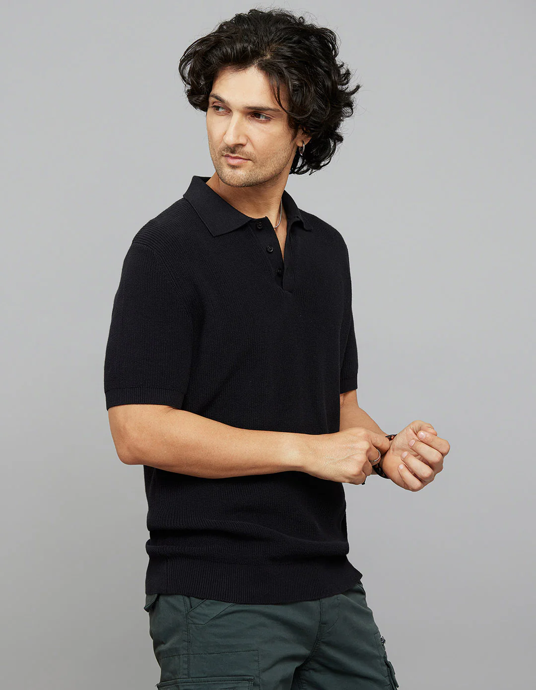 Jet Black Polo Neck Half Sleeves Flatknit Half Button Front - Image 4