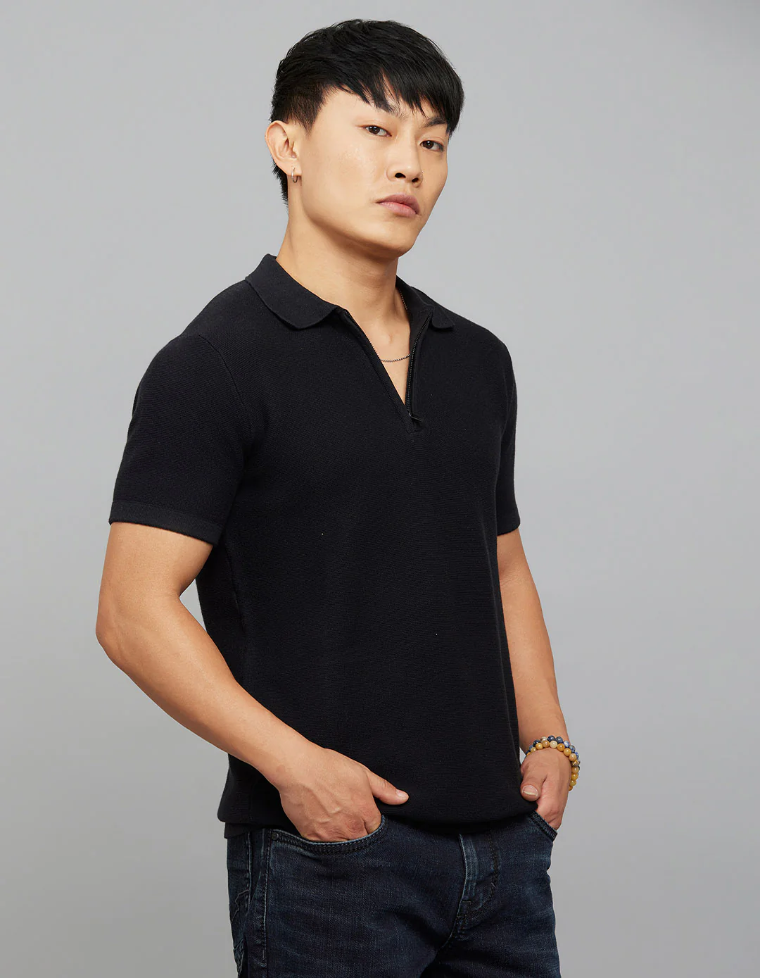 Jet Black Polo Neck Half Sleeves Flatknit Half Zipper Front - Image 4
