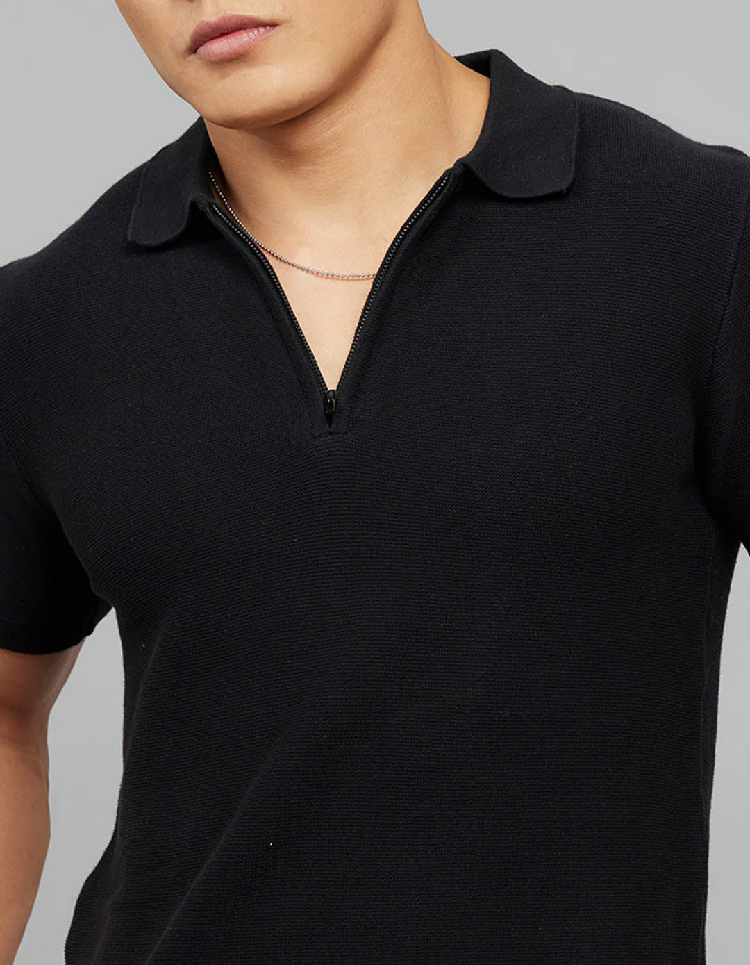 Jet Black Polo Neck Half Sleeves Flatknit Half Zipper Front - Image 5
