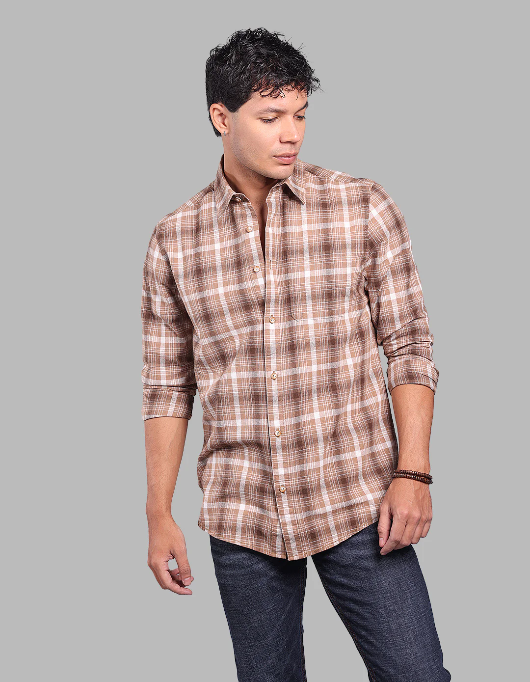Khaki 100% Cotton Full Sleeve Check Shirt