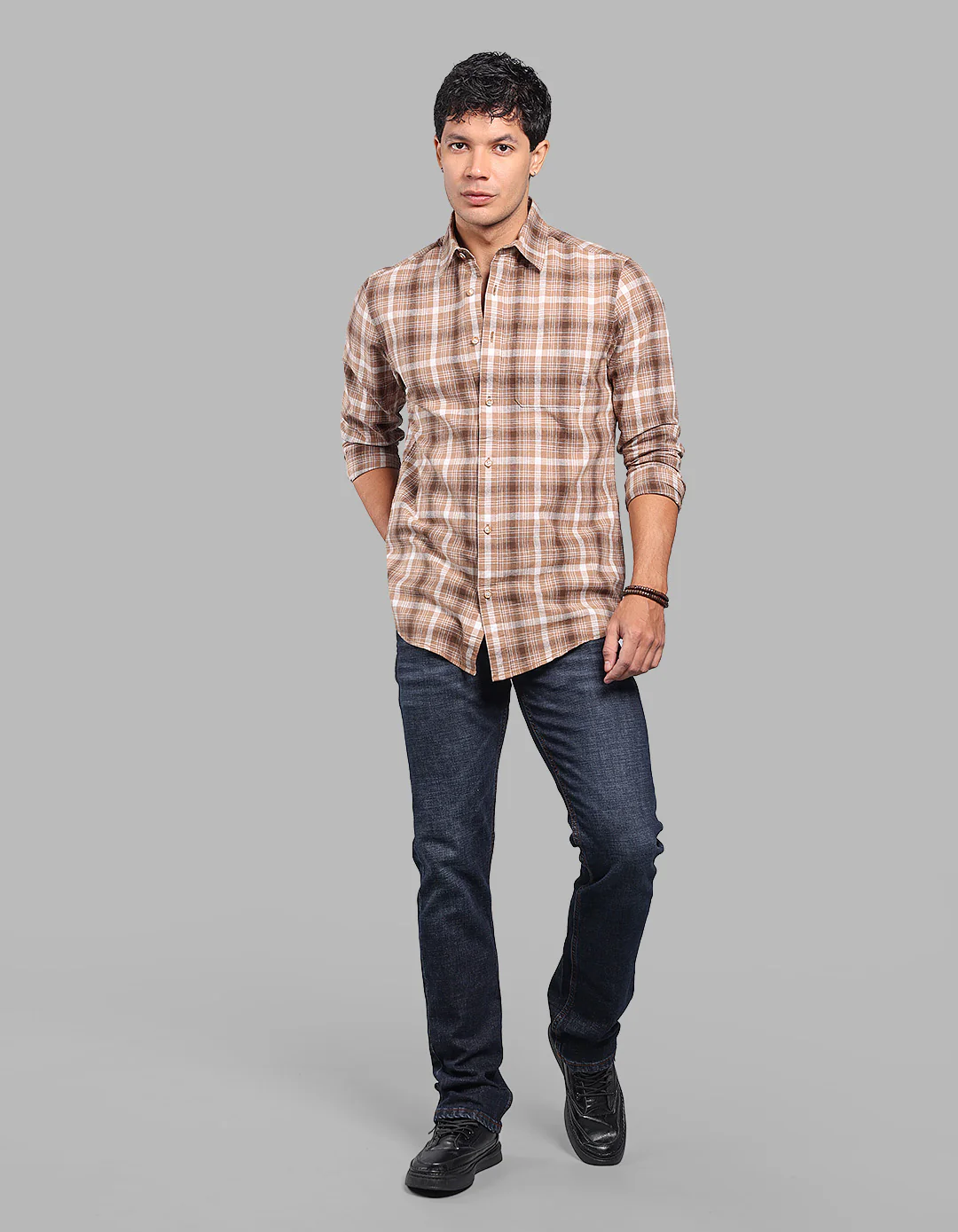 Khaki 100% Cotton Full Sleeve Check Shirt - Image 2