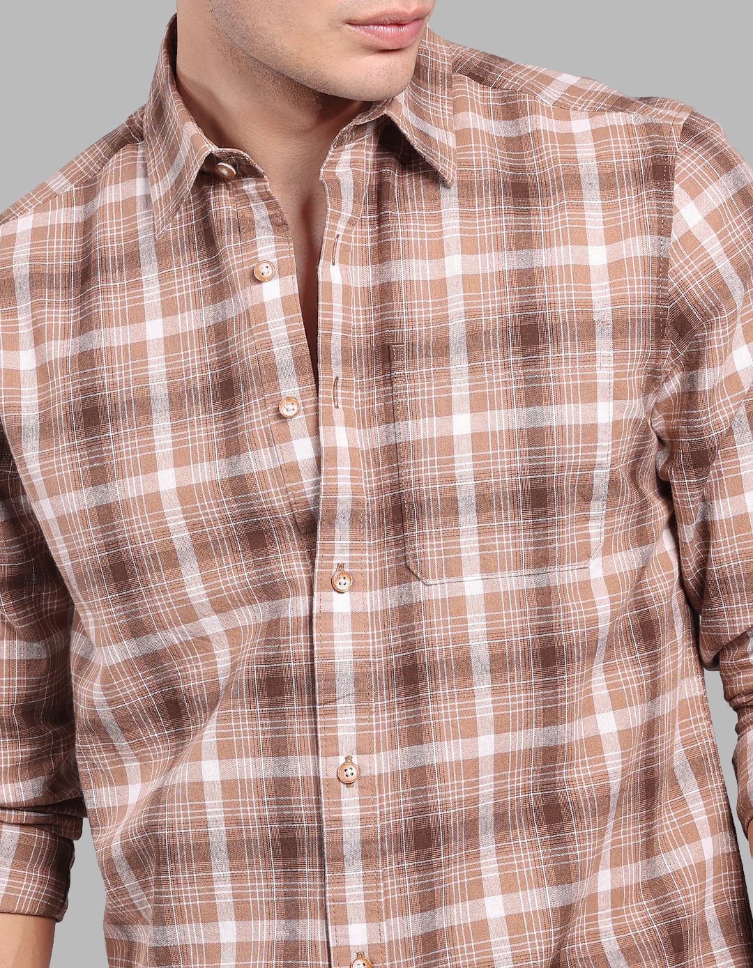 Khaki 100% Cotton Full Sleeve Check Shirt - Image 5