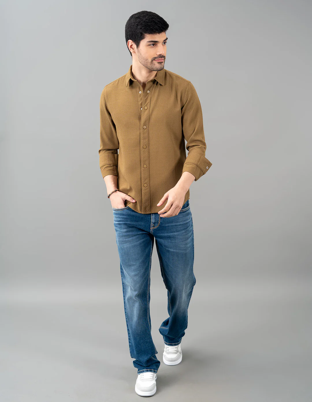 Khaki Full Sleeve Textured Waffle Shirt - Image 2