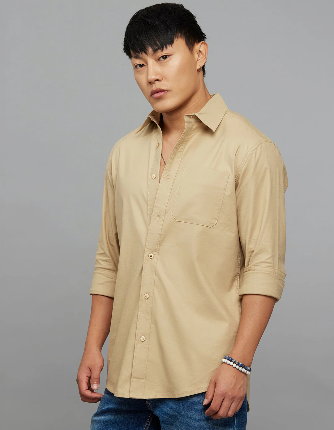 Khaki Full Sleeves Solid Shirt - Image 3