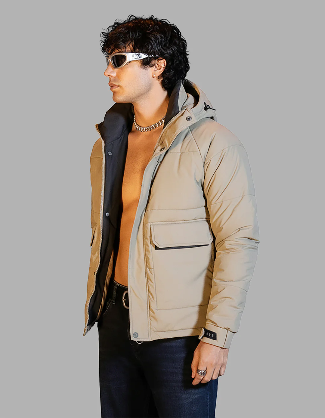 Khaki Full Sleeves Hoodie Puffer Jacket - Image 3
