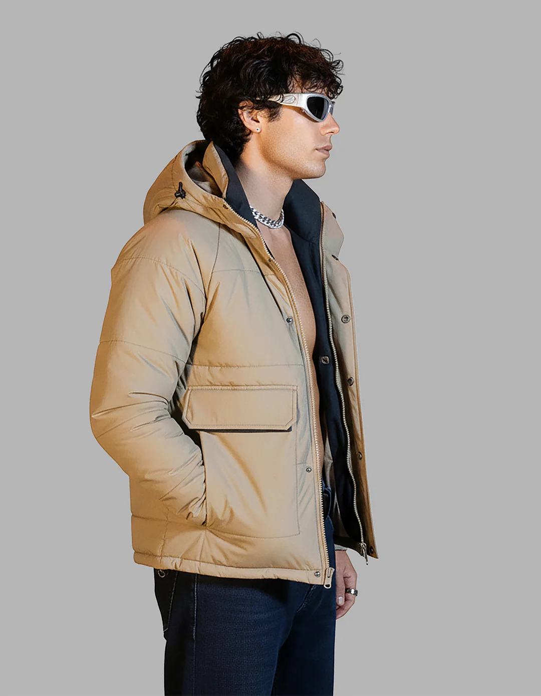 Khaki Full Sleeves Hoodie Puffer Jacket - Image 4