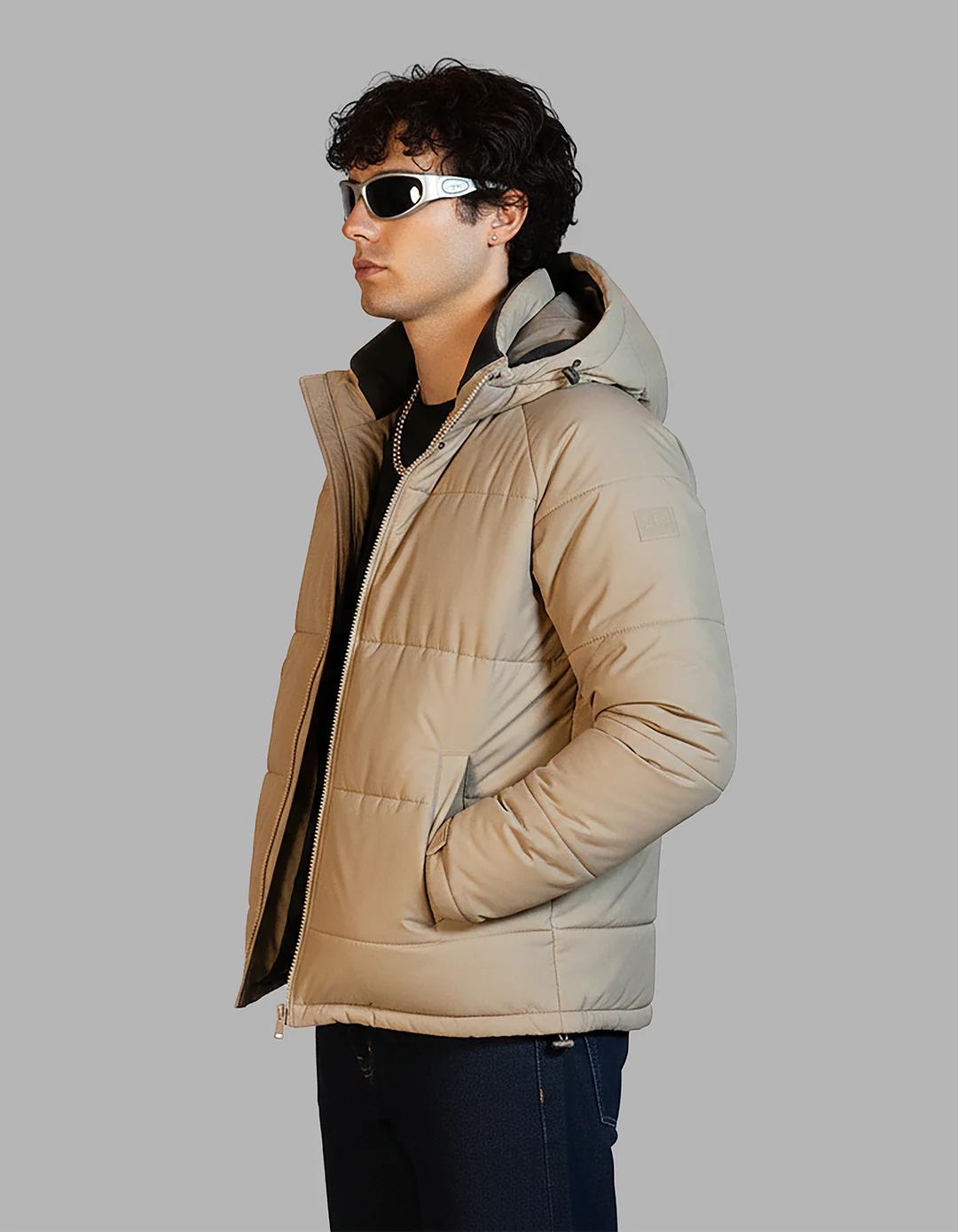 Khaki Full Sleeves Hoodie Puffer Jacket - Image 5