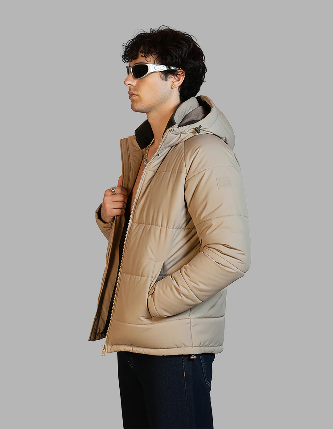 Khaki Full Sleeves Hoodie Puffer Jacket - Image 7