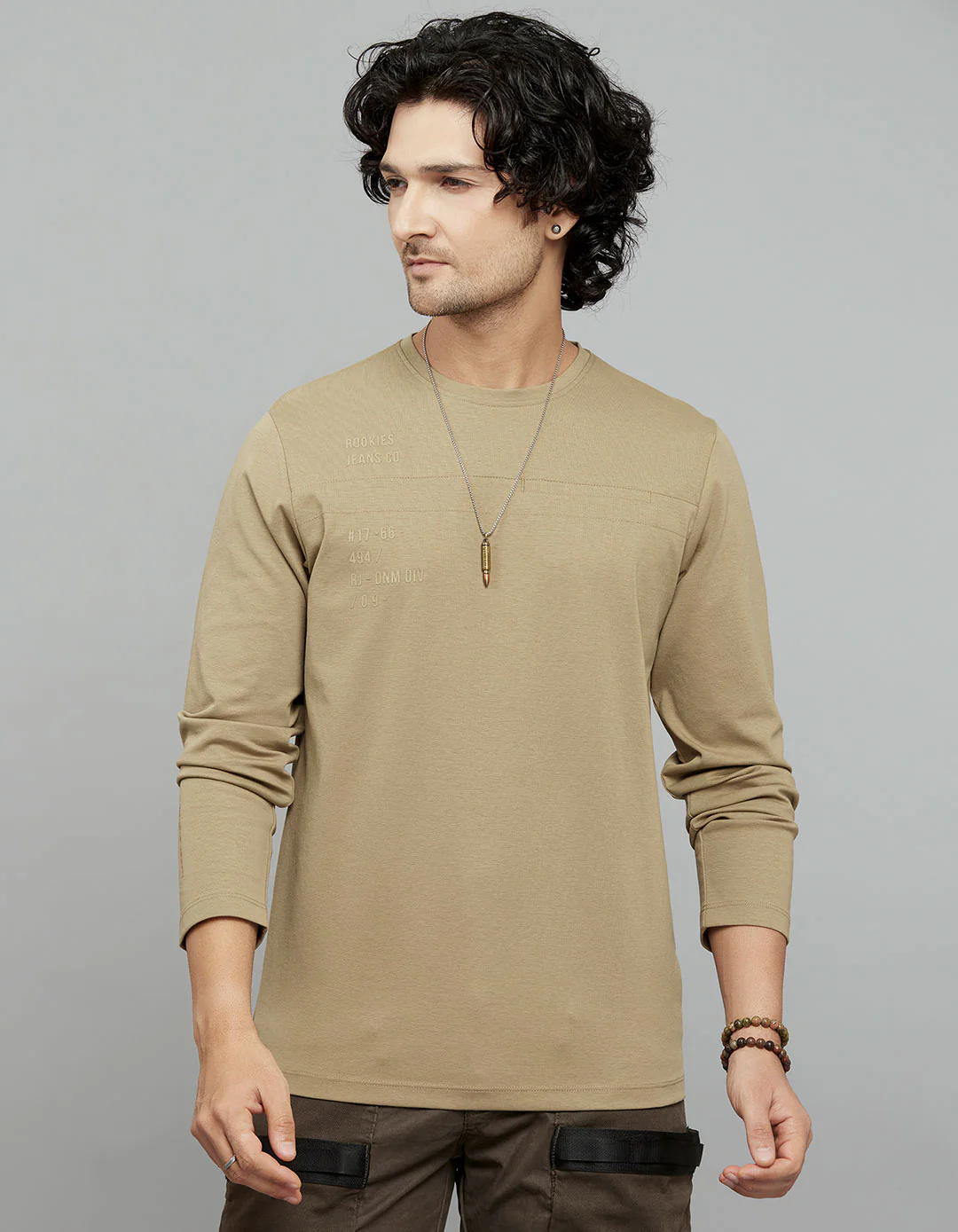Khaki Full Sleeves Round Neck Tee