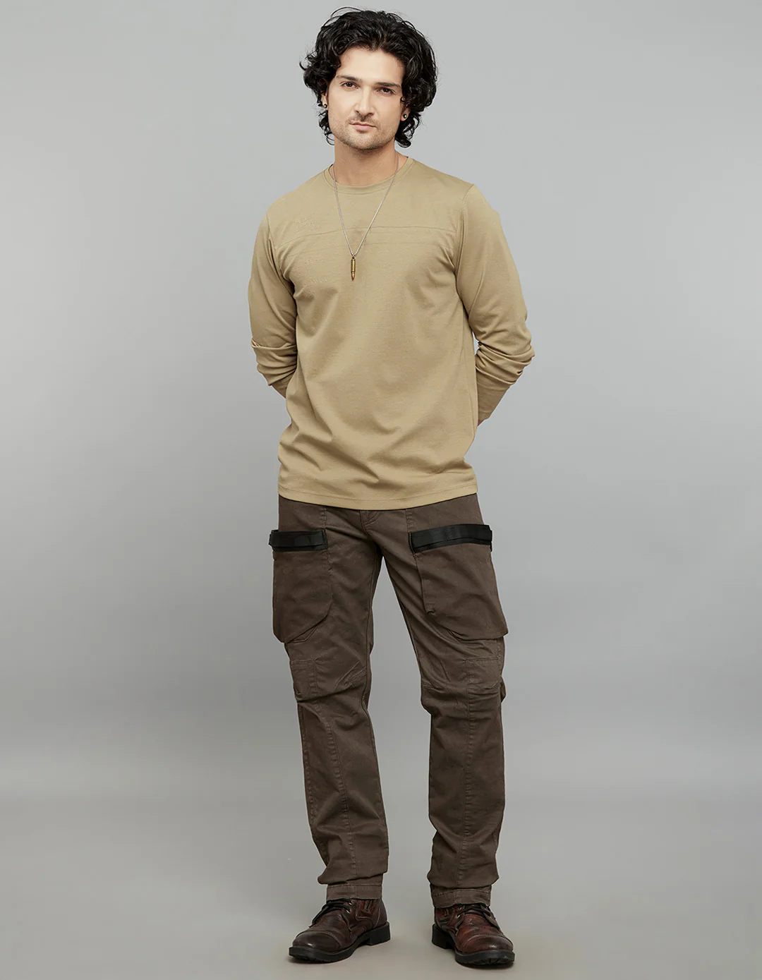 Khaki Full Sleeves Round Neck Tee - Image 2