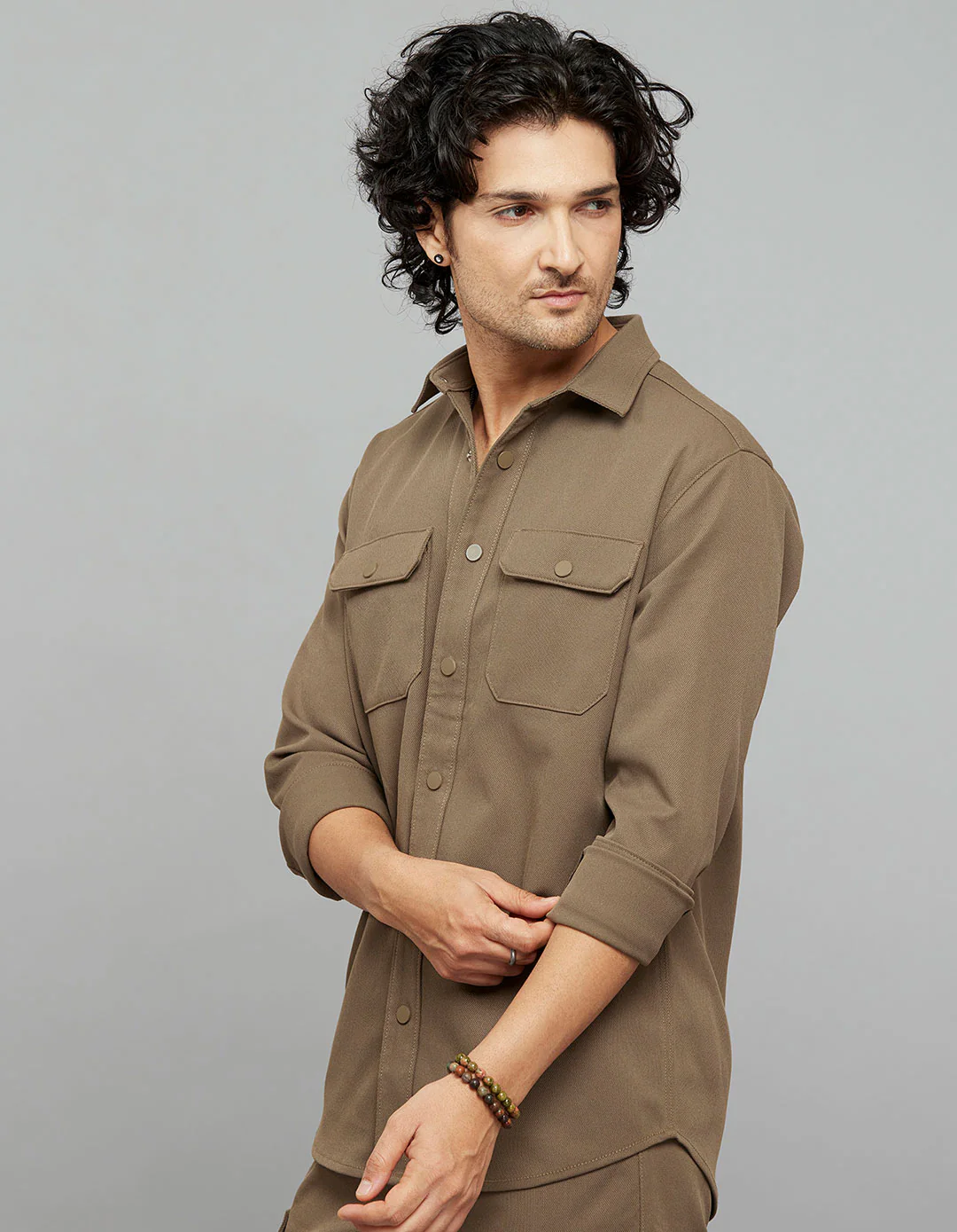Khaki Full Sleeves Snap Button Front Closure Shacket - Image 3