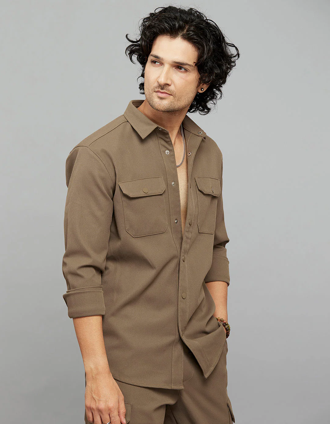 Khaki Full Sleeves Snap Button Front Closure Shacket - Image 4