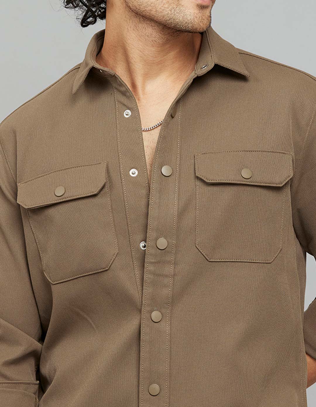 Khaki Full Sleeves Snap Button Front Closure Shacket - Image 6