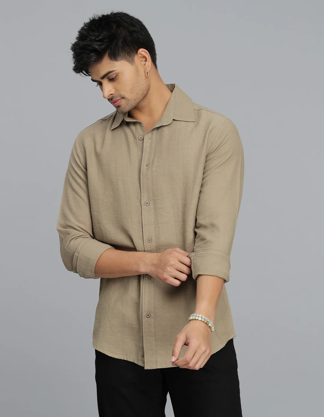 Khaki Full Sleeves Solid Shirt - Image 3