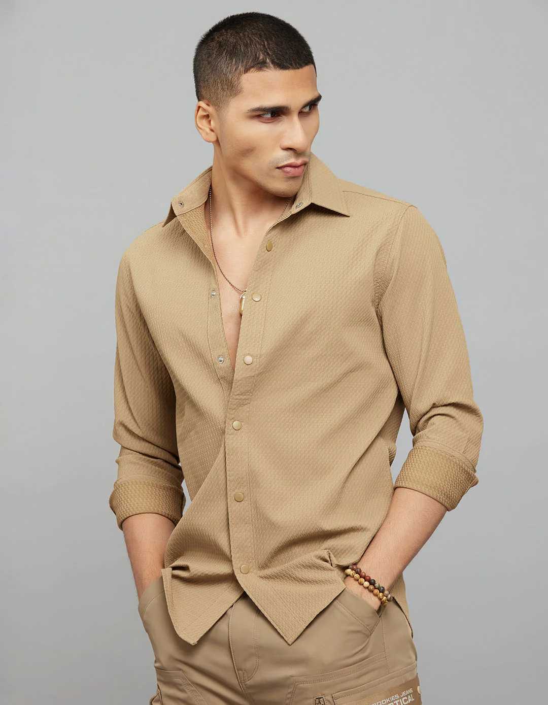 Khaki Full Sleeves Texture Shirt - Image 4