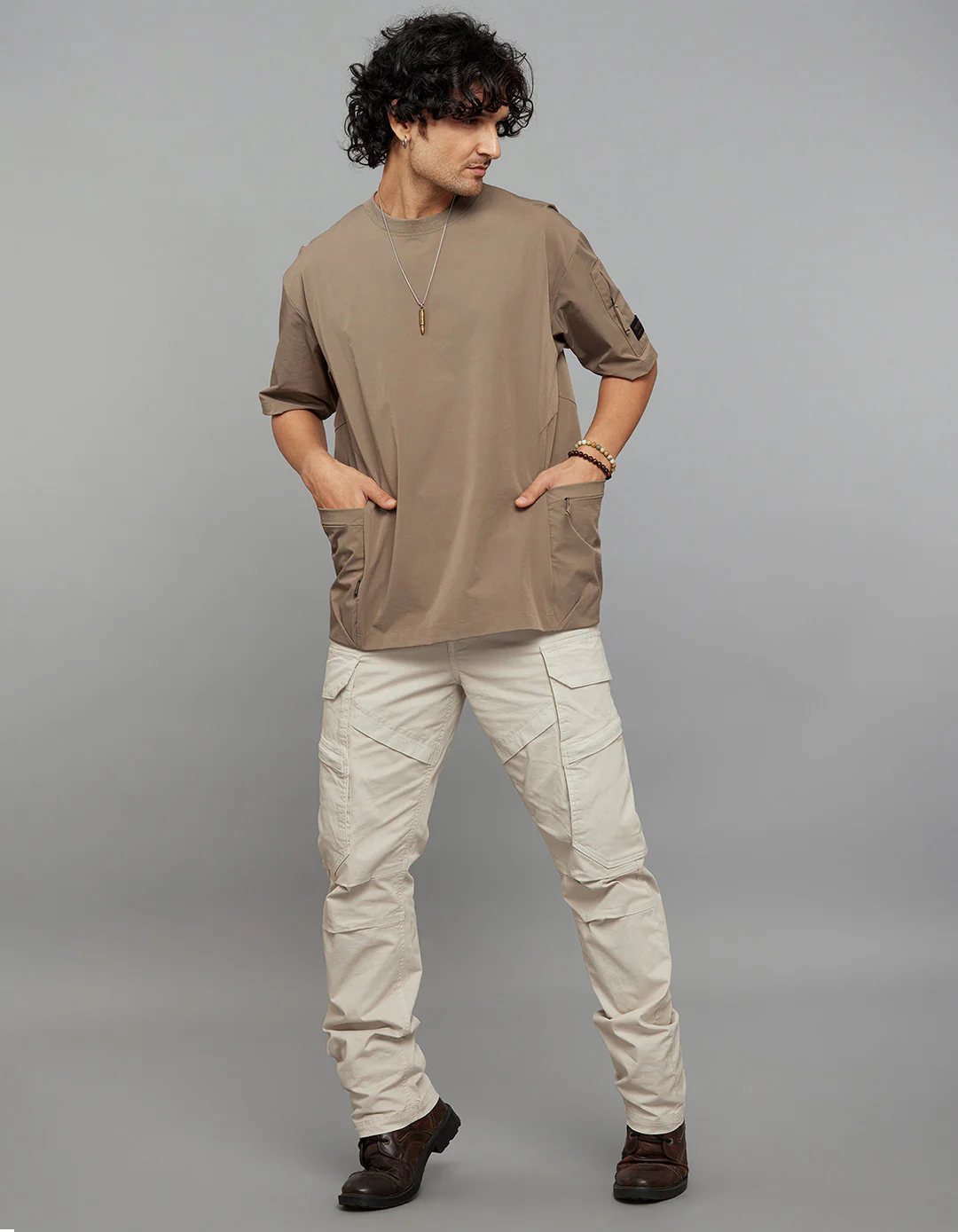 Khaki Half Sleeves Round Neck Oversized Tee - Image 2