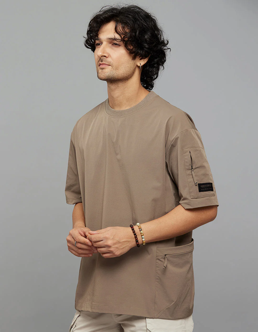 Khaki Half Sleeves Round Neck Oversized Tee - Image 4