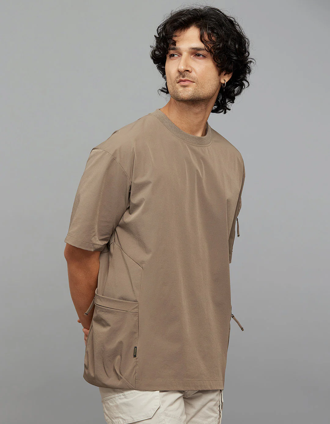 Khaki Half Sleeves Round Neck Oversized Tee - Image 5