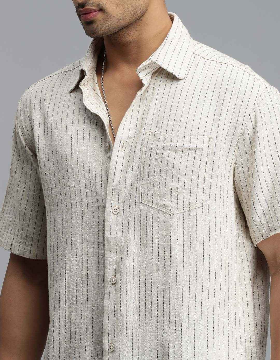 Khaki Half Sleeves Stripe Shirt - Image 6
