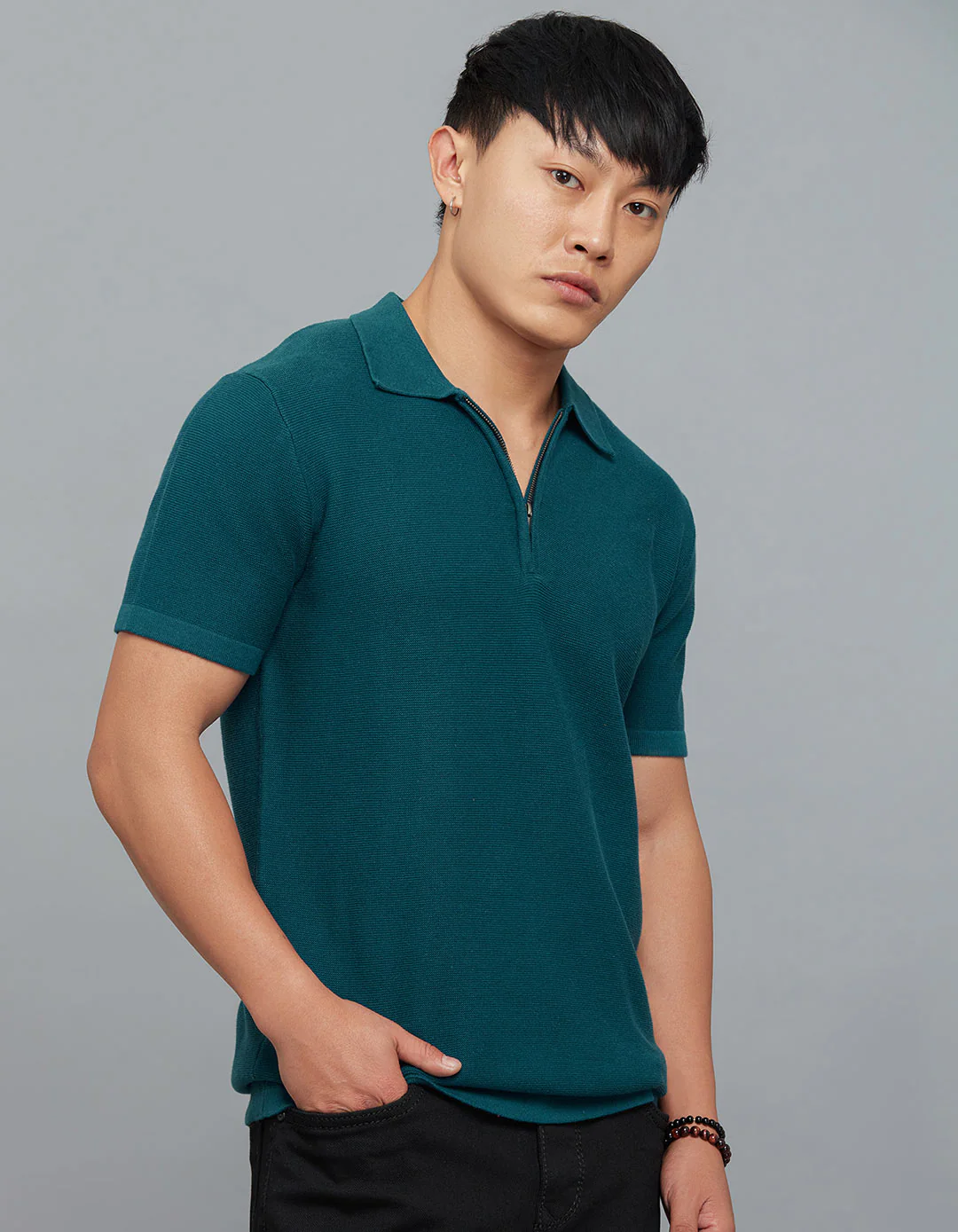 Legion Blue Polo Neck Half Sleeves Flatknit Half Zipper Front - Image 3