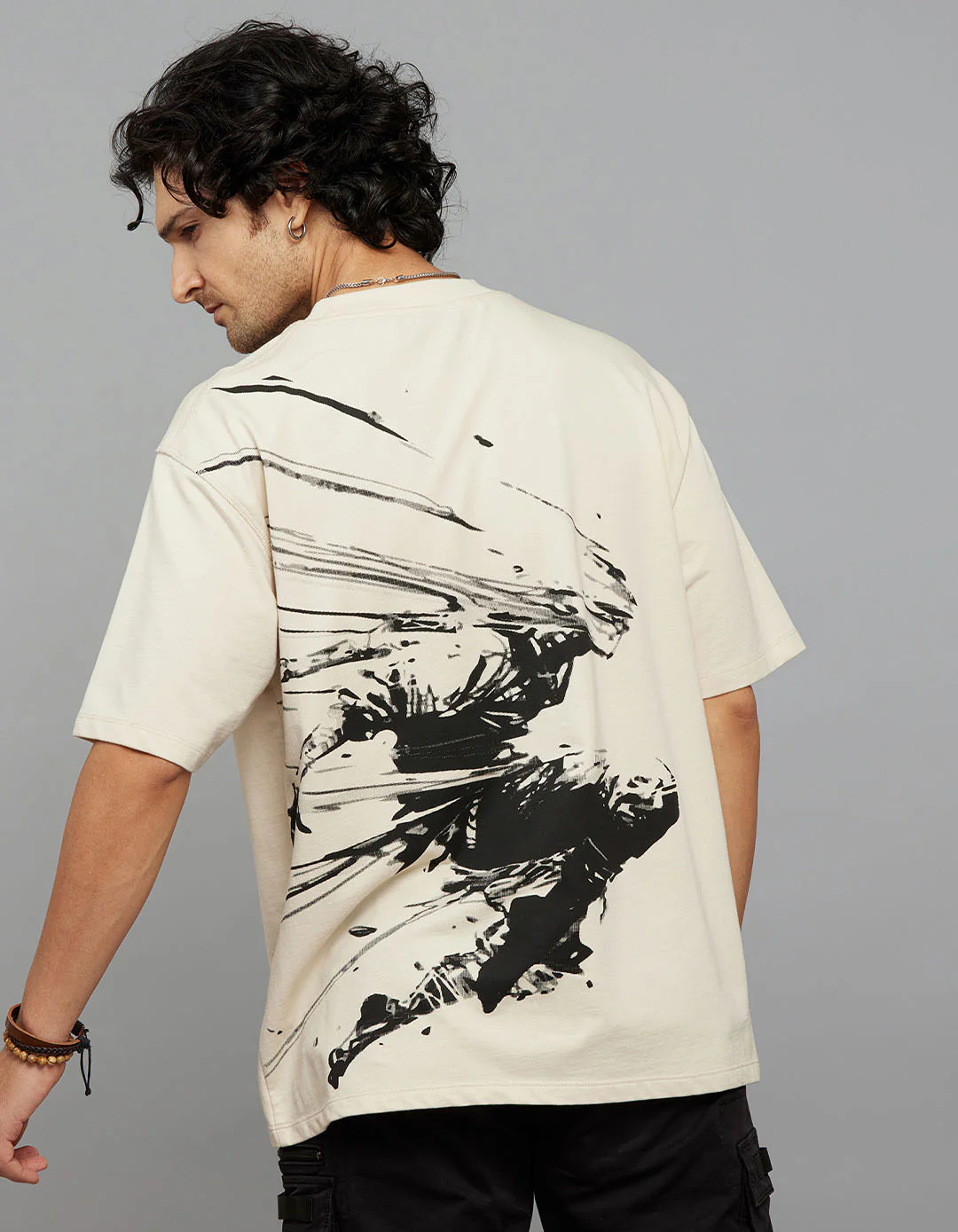 Light Beige Half Sleeves Round Neck Oversized Tee