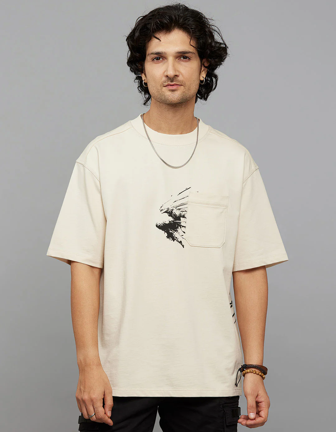 Light Beige Half Sleeves Round Neck Oversized Tee - Image 2