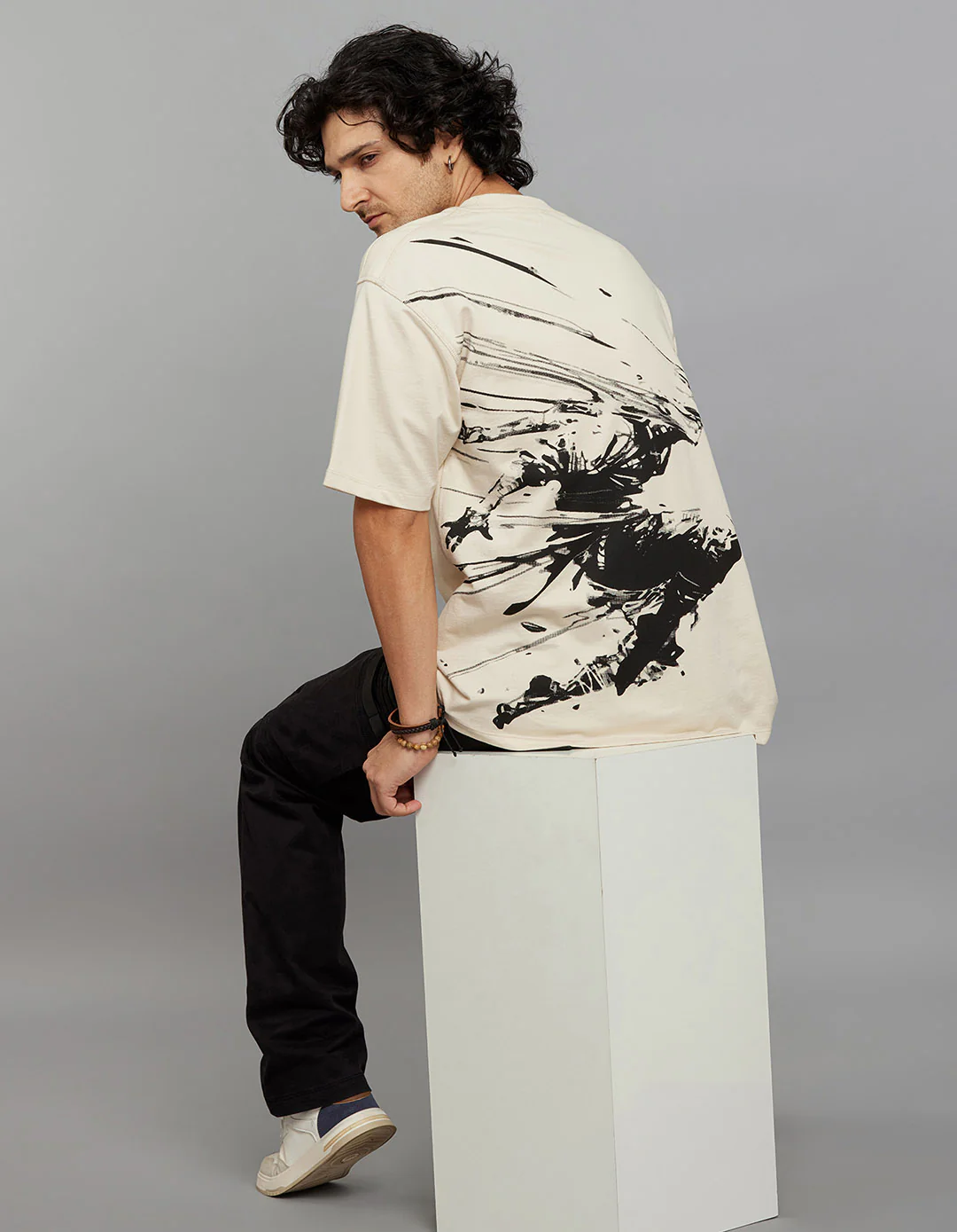 Light Beige Half Sleeves Round Neck Oversized Tee - Image 3
