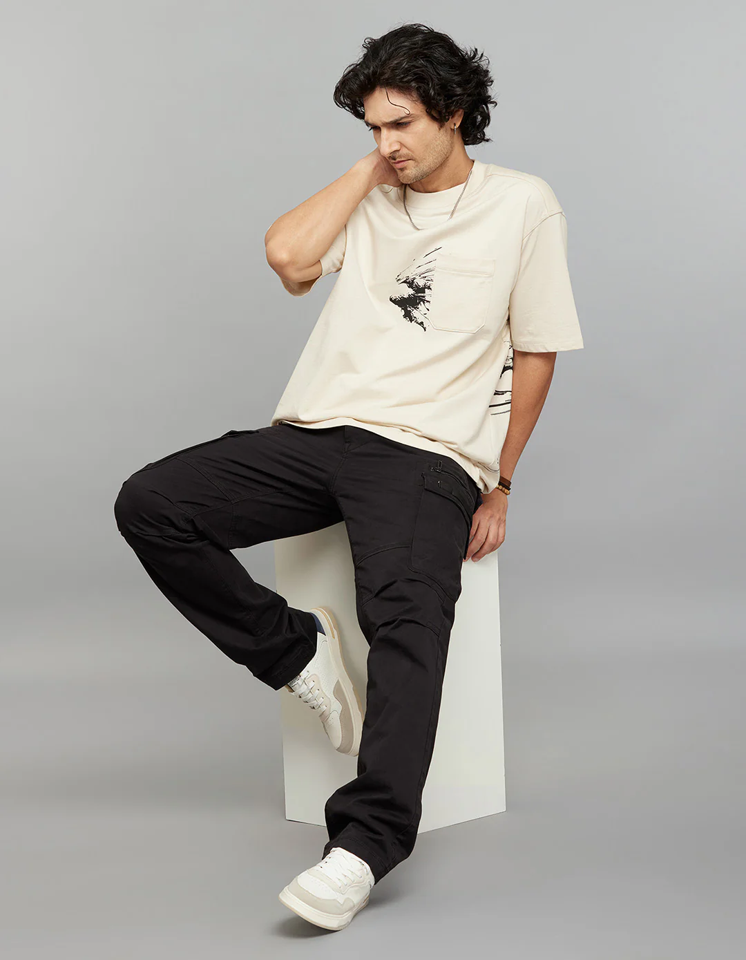 Light Beige Half Sleeves Round Neck Oversized Tee - Image 4