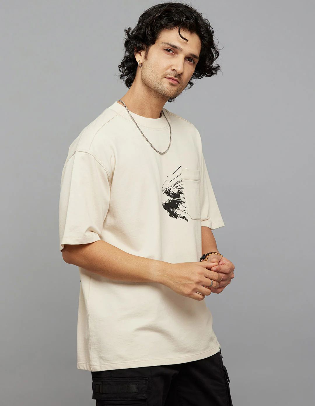 Light Beige Half Sleeves Round Neck Oversized Tee - Image 7