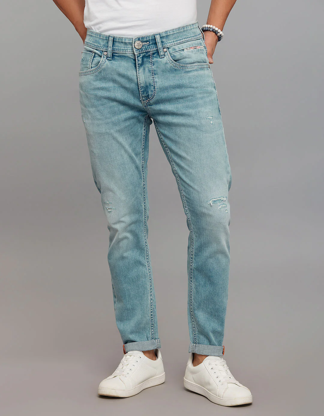 Light Blue 5 Pocket Low-Rise Tapered Ankle Length Stretch Jeans