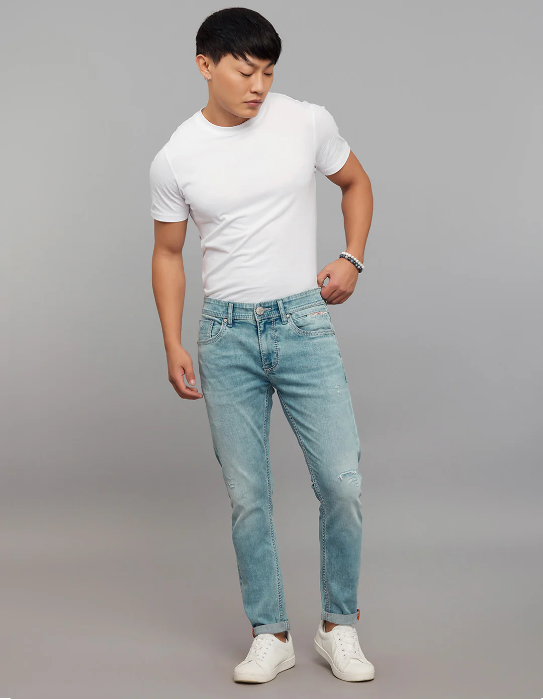 Light Blue 5 Pocket Low-Rise Tapered Ankle Length Stretch Jeans - Image 2