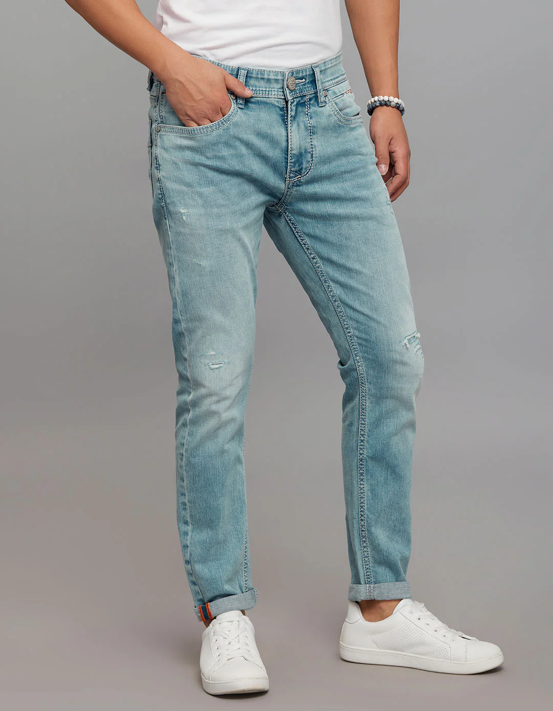 Light Blue 5 Pocket Low-Rise Tapered Ankle Length Stretch Jeans - Image 3