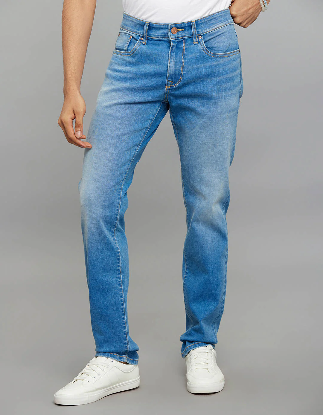 Light Blue 5 Pocket Mid-Rise Slim Straight Fit Classic Stretch Jeans