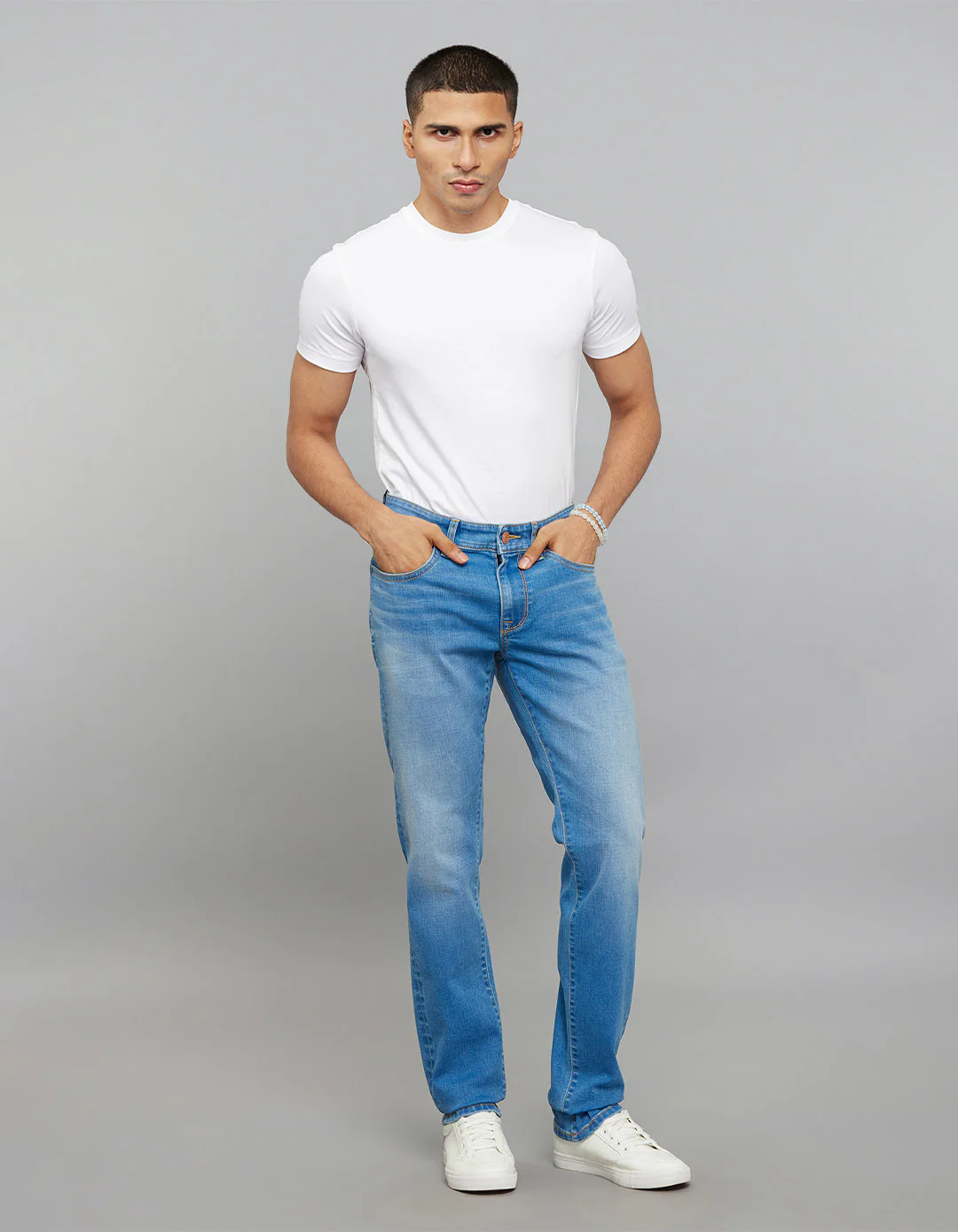 Light Blue 5 Pocket Mid-Rise Slim Straight Fit Classic Stretch Jeans - Image 2