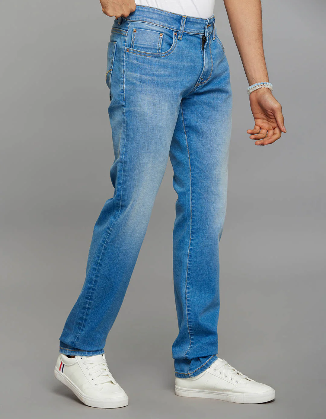 Light Blue 5 Pocket Mid-Rise Slim Straight Fit Classic Stretch Jeans - Image 3