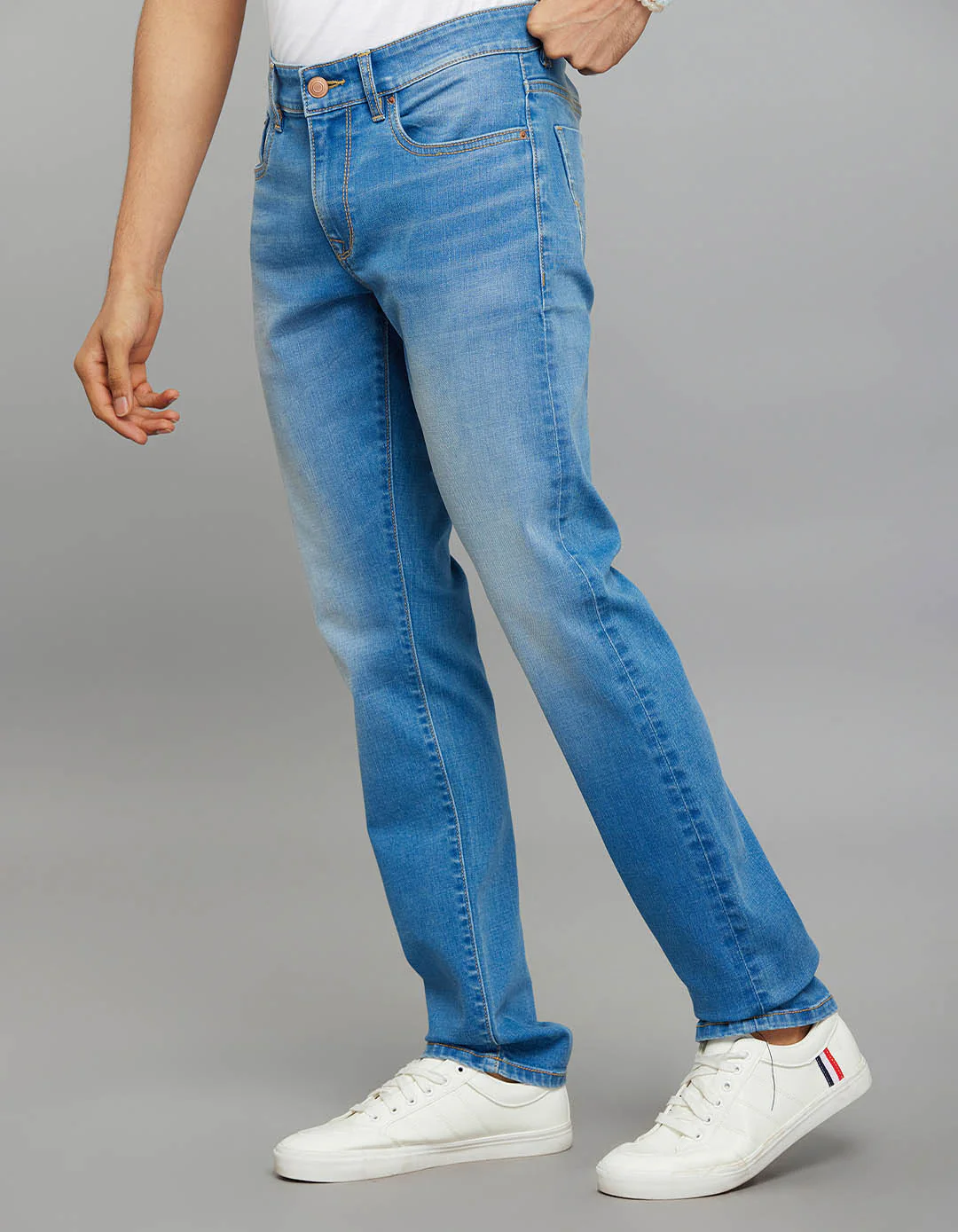 Light Blue 5 Pocket Mid-Rise Slim Straight Fit Classic Stretch Jeans - Image 4