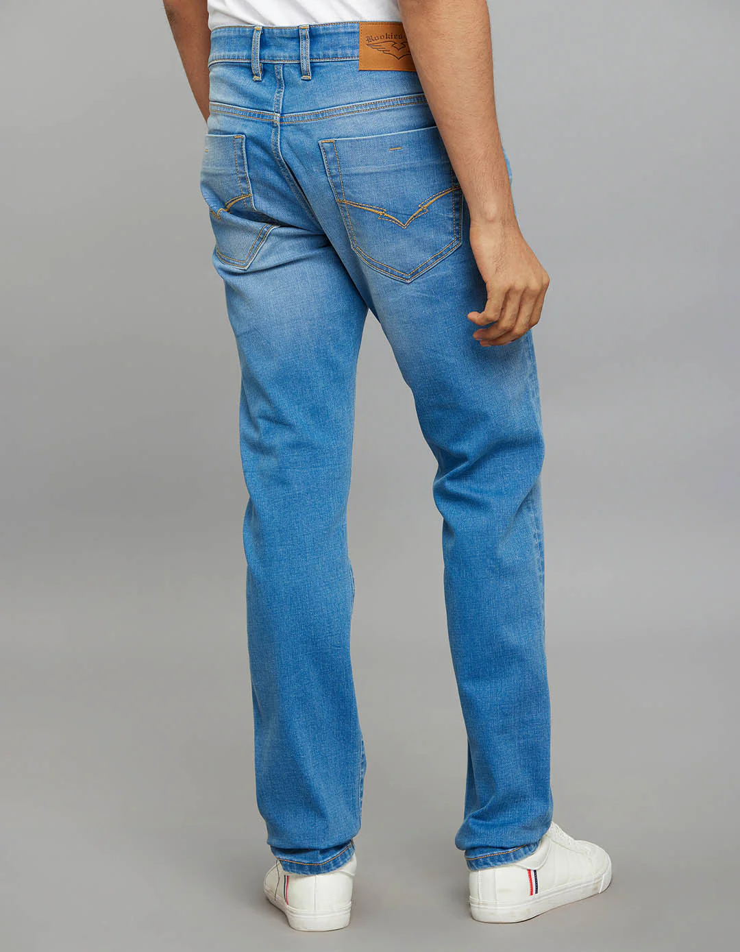 Light Blue 5 Pocket Mid-Rise Slim Straight Fit Classic Stretch Jeans - Image 5
