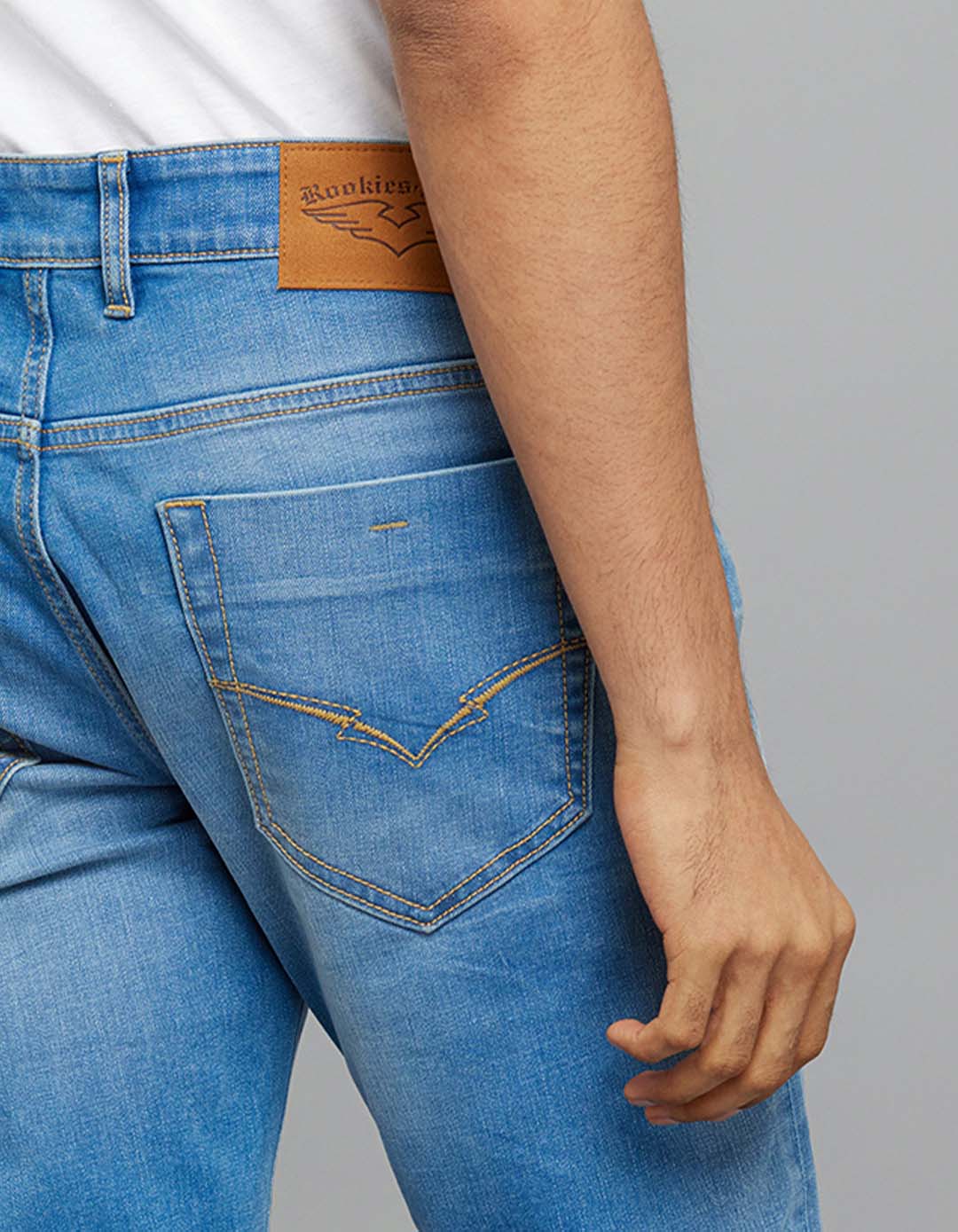 Light Blue 5 Pocket Mid-Rise Slim Straight Fit Classic Stretch Jeans - Image 6