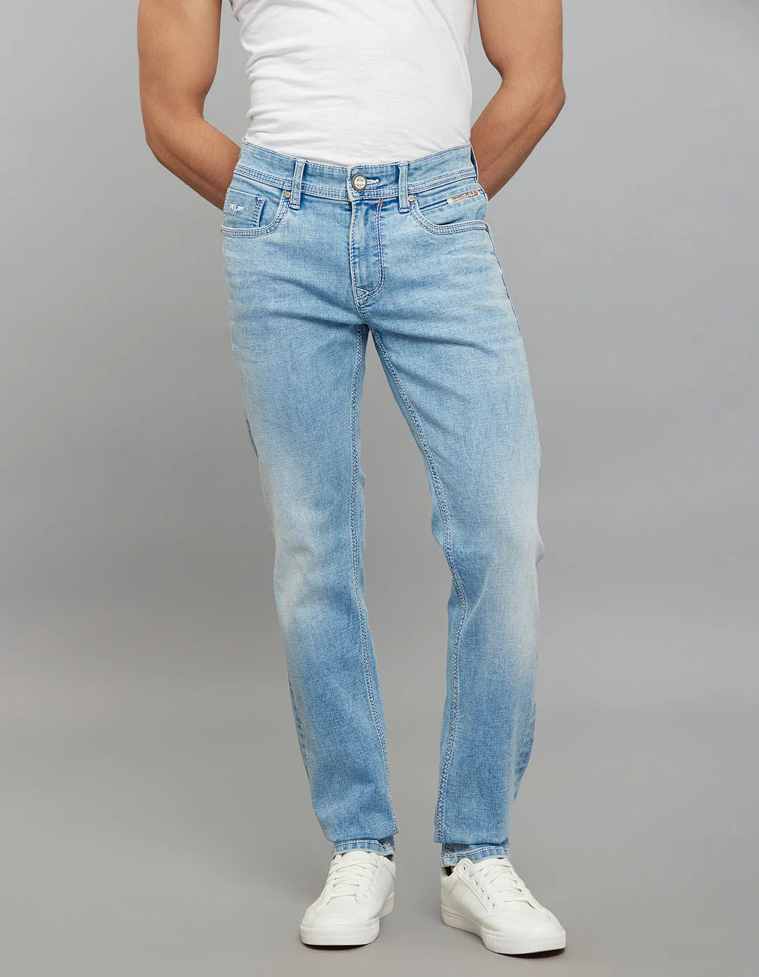 Light Blue 5 Pocket Mid-Rise Slim Straight Fit Stretch Jeans