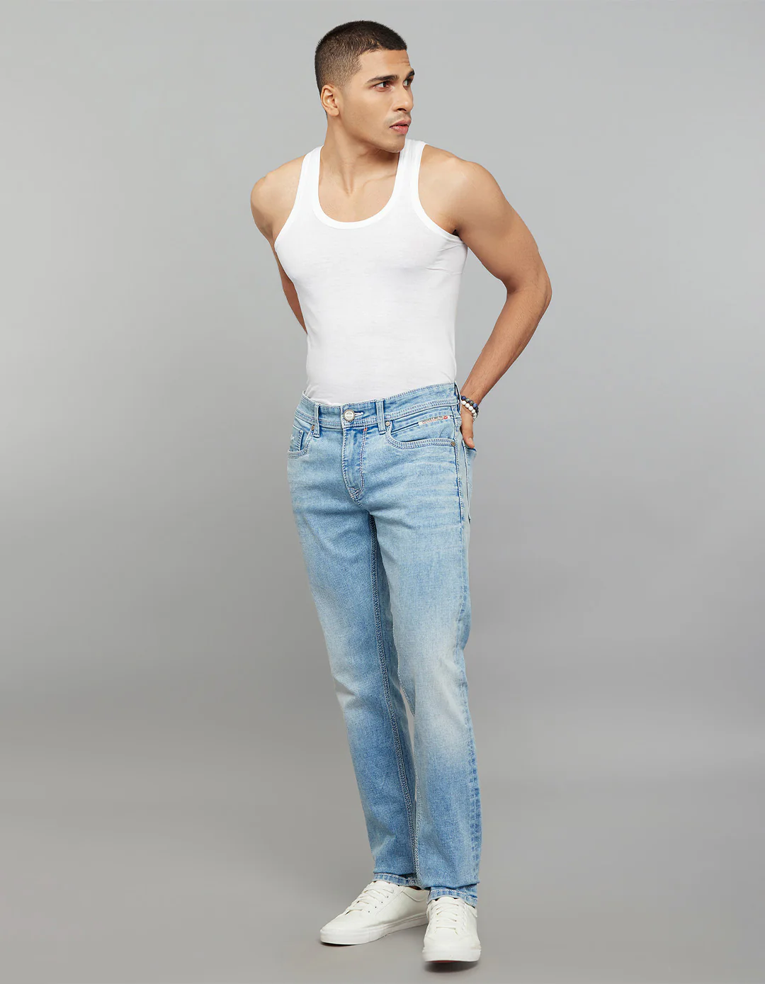 Light Blue 5 Pocket Mid-Rise Slim Straight Fit Stretch Jeans - Image 2